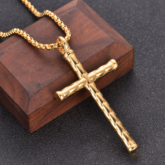 1pc Men's Religious Cross Pendant Choker Necklace - Stainless Steel Chain - Golden/Silvery Color