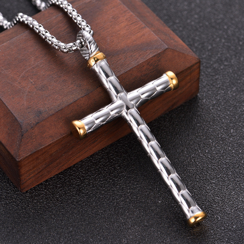1pc Men's Religious Cross Pendant Choker Necklace - Stainless Steel Chain - Golden/Silvery Color
