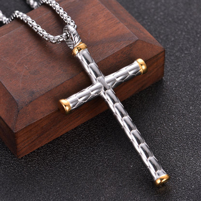 1pc Men's Religious Cross Pendant Choker Necklace - Stainless Steel Chain - Golden/Silvery Color