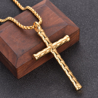 1pc Men's Religious Cross Pendant Choker Necklace - Stainless Steel Chain - Golden/Silvery Color