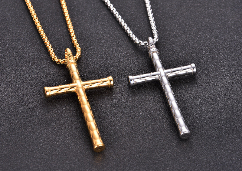 1pc Men's Religious Cross Pendant Choker Necklace - Stainless Steel Chain - Golden/Silvery Color