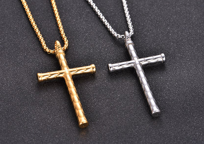 1pc Men's Religious Cross Pendant Choker Necklace - Stainless Steel Chain - Golden/Silvery Color