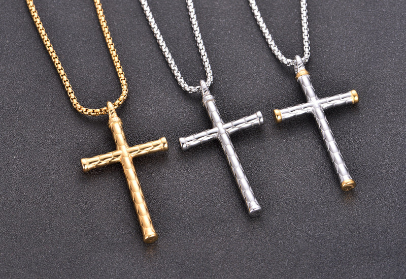 1pc Men's Religious Cross Pendant Choker Necklace - Stainless Steel Chain - Golden/Silvery Color