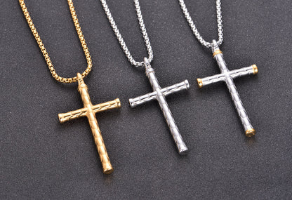 1pc Men's Religious Cross Pendant Choker Necklace - Stainless Steel Chain - Golden/Silvery Color