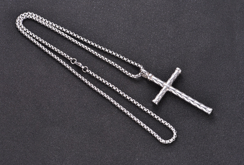 1pc Men's Religious Cross Pendant Choker Necklace - Stainless Steel Chain - Golden/Silvery Color