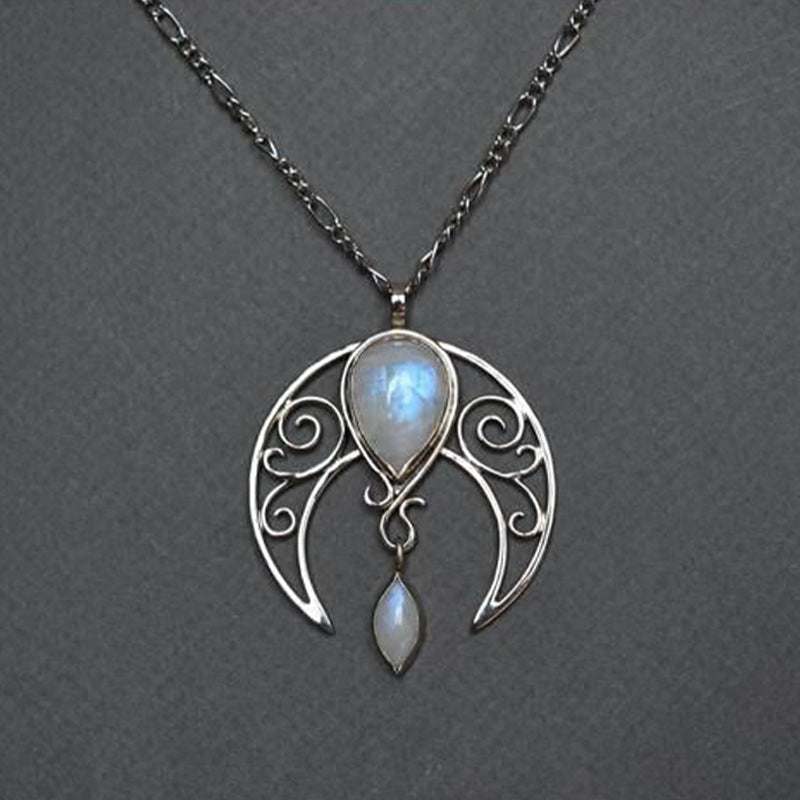 1PC Bohemian Moonstone Necklace, Vintage Spiral Hollow Moon Chain