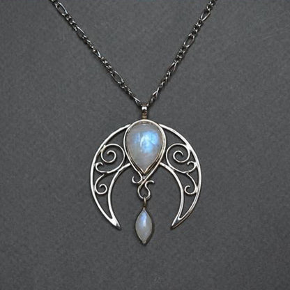 1PC Bohemian Moonstone Necklace, Vintage Spiral Hollow Moon Chain