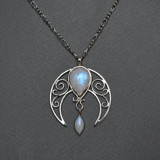 1PC Bohemian Moonstone Necklace, Vintage Spiral Hollow Moon Chain