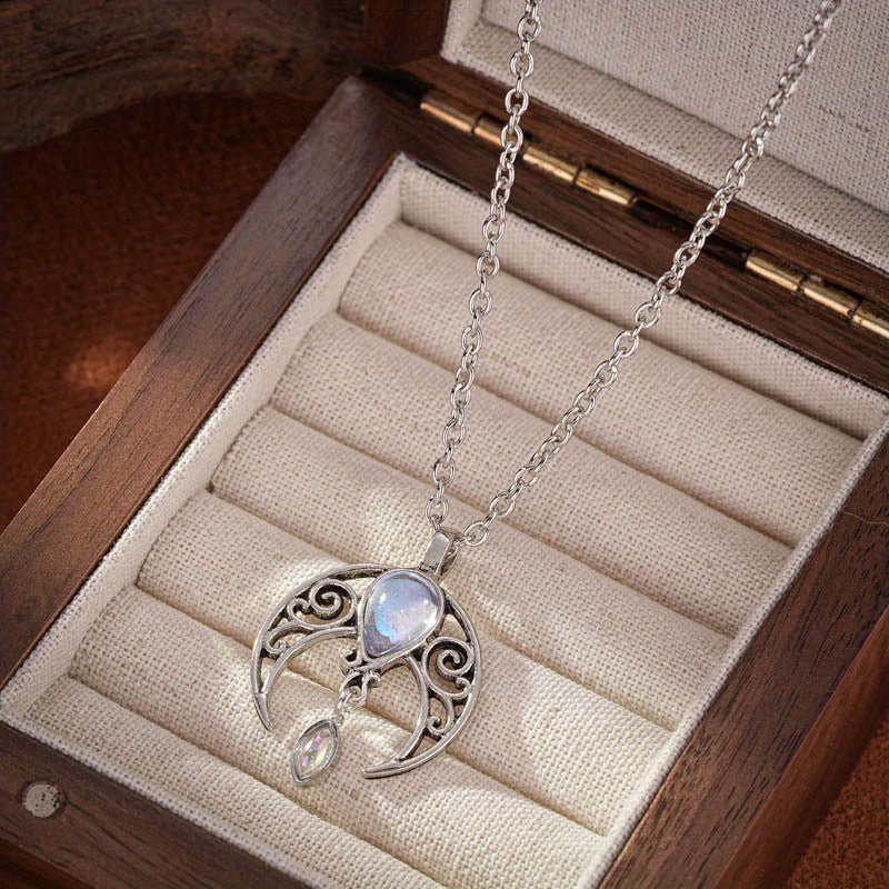 1PC Bohemian Moonstone Necklace, Vintage Spiral Hollow Moon Chain