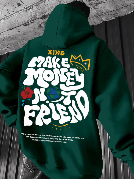 Men's Hoodie, Regular Fit, Polyester, Stretchy, "Make Money Not Friend" Graphic