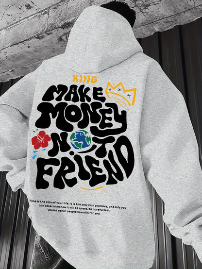 Men's Hoodie, Regular Fit, Polyester, Stretchy, "Make Money Not Friend" Graphic