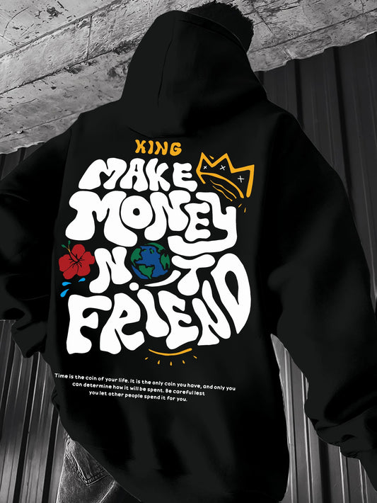 Men's Hoodie, Regular Fit, Polyester, Stretchy, "Make Money Not Friend" Graphic