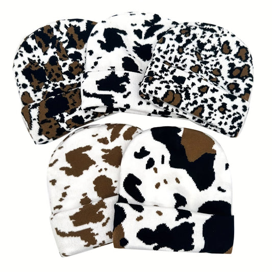 1pc Winter Cow Print  Beanie , Thicken Warm Skullies