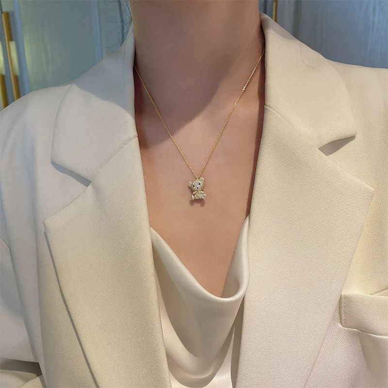 Vibrant Full Rhinestone Bear Pendant Necklace - Y2K Inspired Jewelry