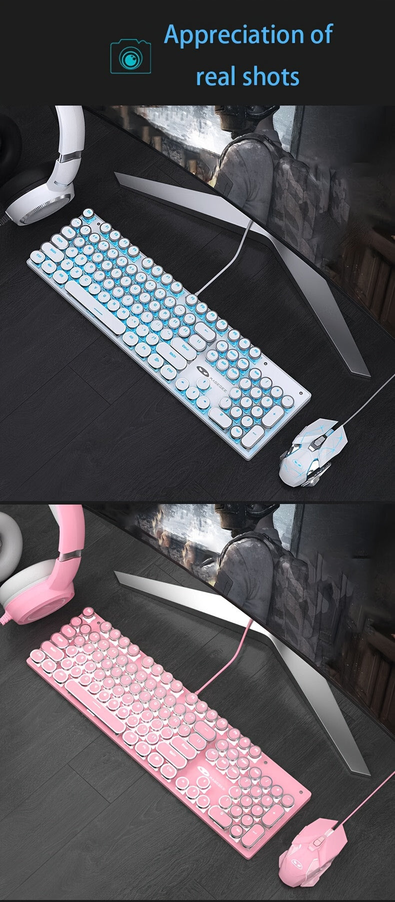 Mechanical Gaming Keyboard with Blue Switches - Round LED Backlit Keycaps, Wired USB Connectivity for Enhanced Gaming