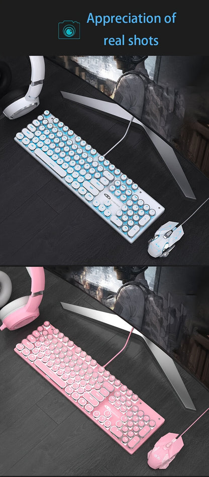 Mechanical Gaming Keyboard with Blue Switches - Round LED Backlit Keycaps, Wired USB Connectivity for Enhanced Gaming