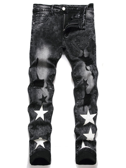 y2k Star Pattern Slim Fit Jeans, Men's Stretch Street Style Denim Pants
