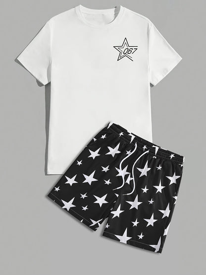 Men's Crew Neck Graphic T-shirt And Shorts Set With Stylish Star Print