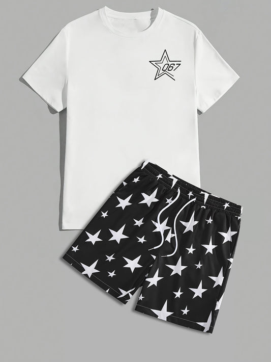 Men's Crew Neck Graphic T-shirt And Shorts Set With Stylish Star Print