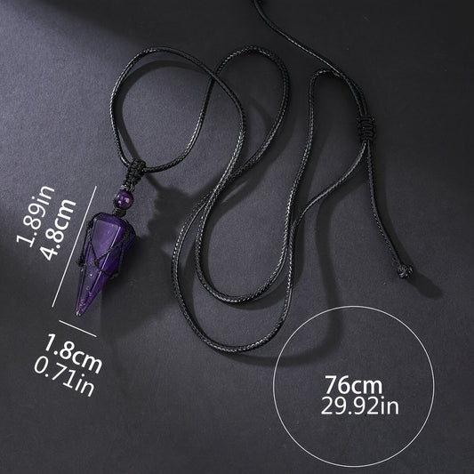 Stylish Men's Natural Amethyst Crystal Hexagonal Cone Pendant Necklace with Braided Rope