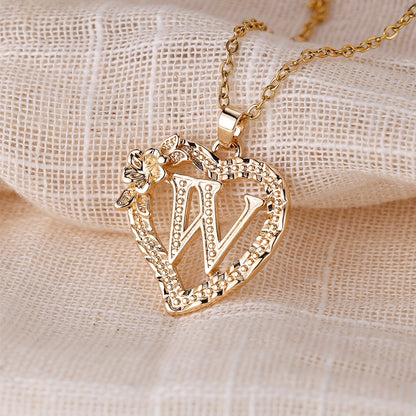 Palace Style Love Flower Letter Pendant Necklace - One 26 Letter Necklaces A-Z Capital Letter