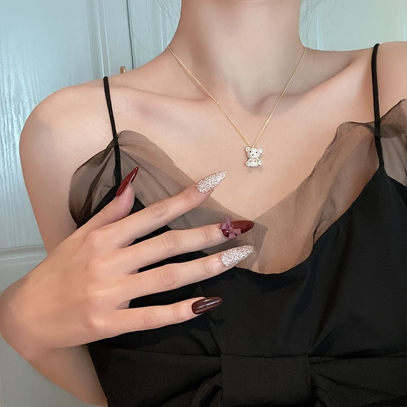 Vibrant Full Rhinestone Bear Pendant Necklace - Y2K Inspired Jewelry