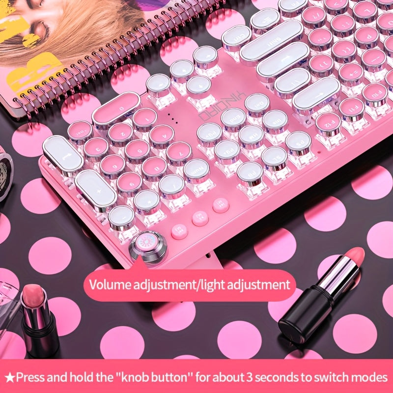 Pink Mechanical Keyboard with Blue Switches - Retro Keycaps, Backlit, USB-Powered for Gaming, Durable Design, No Battery Needed, Gaming Keyboard