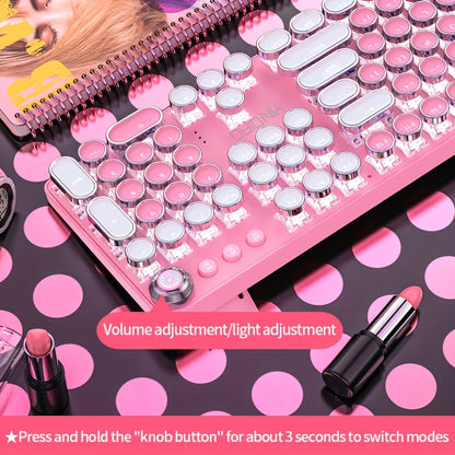 Pink Mechanical Keyboard with Blue Switches - Retro Keycaps, Backlit, USB-Powered for Gaming, Durable Design, No Battery Needed, Gaming Keyboard