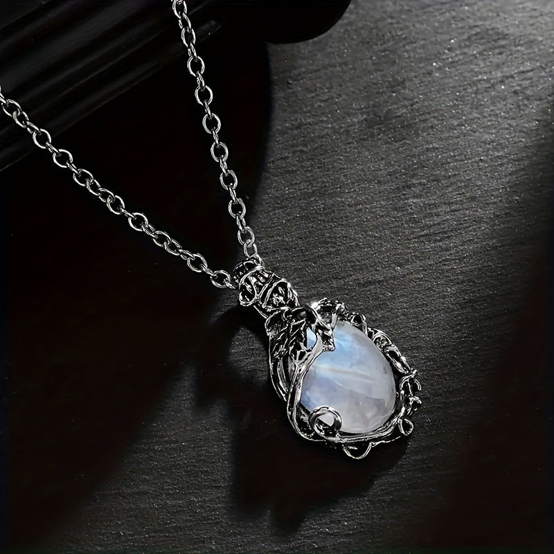 1pc Exquisite Moonstone Pendant Necklace - Bohemian Leaf Rattan Accessories for Women,