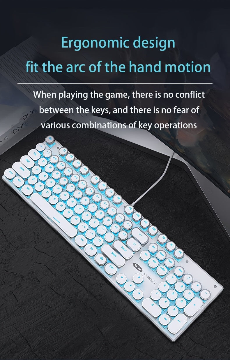 Mechanical Gaming Keyboard with Blue Switches - Round LED Backlit Keycaps, Wired USB Connectivity for Enhanced Gaming