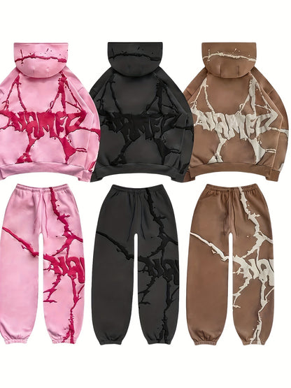 Fashion Designer Couple Men Women Sweatshirt Set Y2K Oversize Full Zip Up  Streetwear Vintage Puff Print Sweatshirts Menswear Oversized