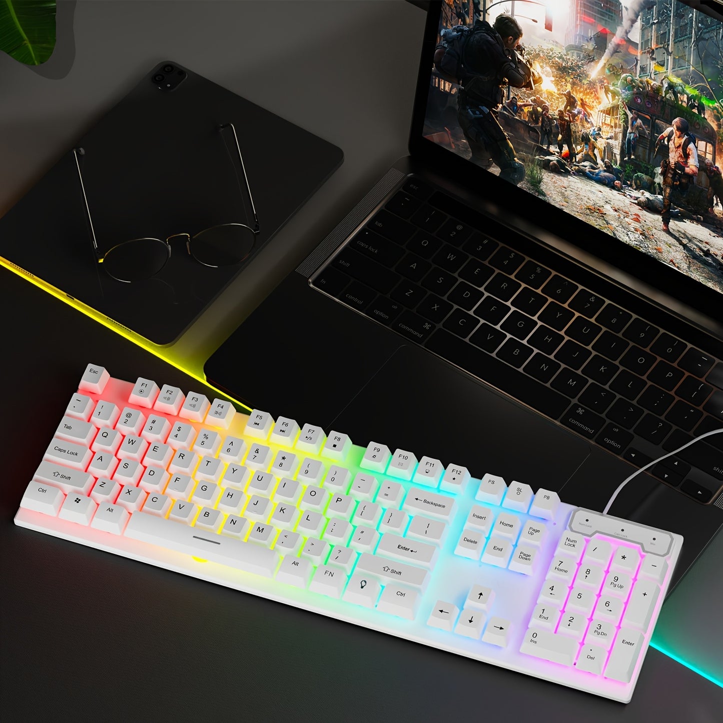 Silent Wired Gaming Keyboard, 104-Key Full Size Rainbow LED Backlit, Quiet Typing