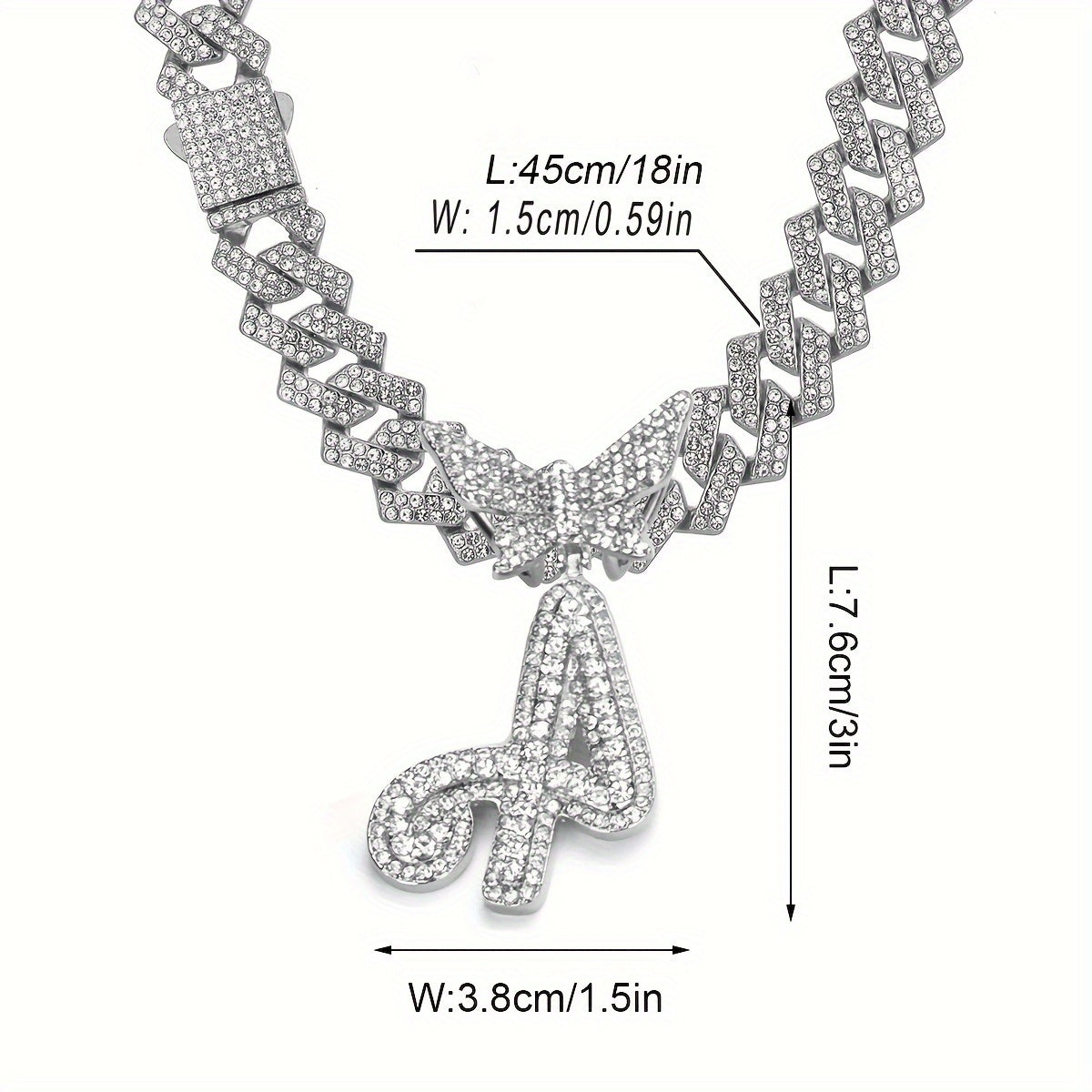 Initial Butterfly Pendant Cuban Link Chain Necklace Iced Out Rhinestone Chain Initial Letter Name Necklace