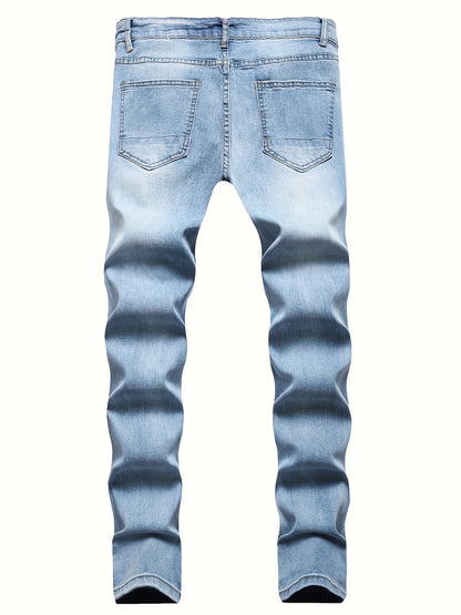 Mid Stretch Slim Fit Ripped Cotton Jeans, Men's Street Style Distressed Denim Pants