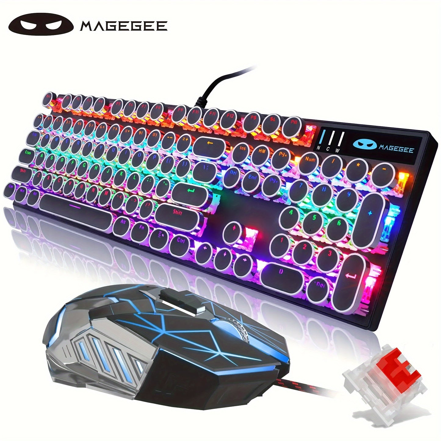 Mechanical Gaming Keyboard with Blue Switches - Round LED Backlit Keycaps, Wired USB Connectivity for Enhanced Gaming
