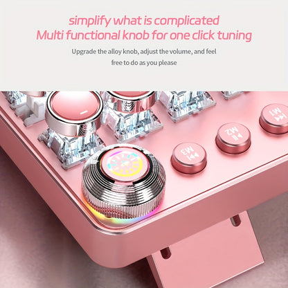 Pink Mechanical Keyboard with Blue Switches - Retro Keycaps, Backlit, USB-Powered for Gaming, Durable Design, No Battery Needed, Gaming Keyboard