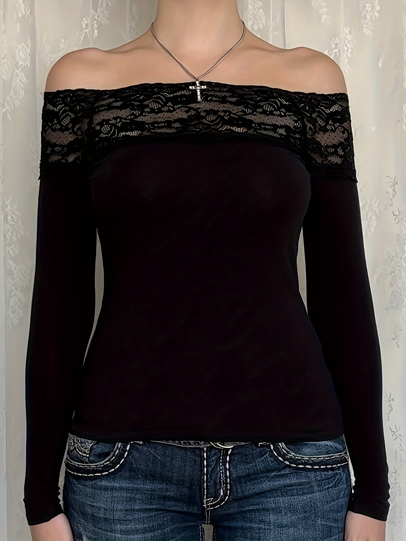Y2K Elegant Lace Stitching One-Shoulder Fit Long Sleeve Top for Targeted