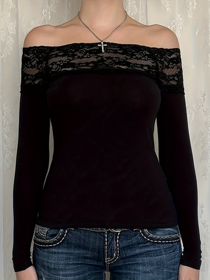 Y2K Elegant Lace Stitching One-Shoulder Fit Long Sleeve Top for Targeted