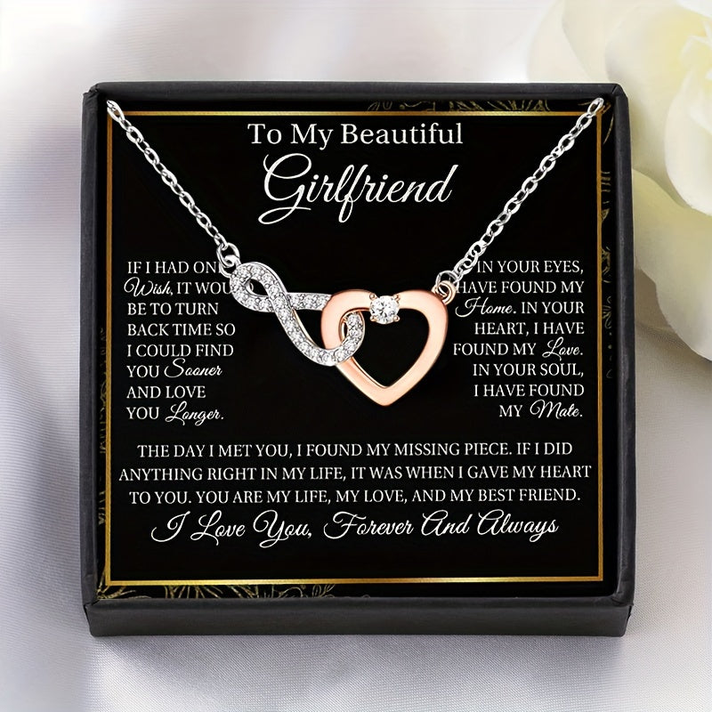 1pc to My Girlfriend Love Heart Necklace Dual-Color Electroplated Copper Synthetic Zirconia Pendant with Text Gift Card and Box Packaging