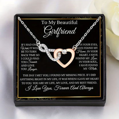 1pc to My Girlfriend Love Heart Necklace Dual-Color Electroplated Copper Synthetic Zirconia Pendant with Text Gift Card and Box Packaging