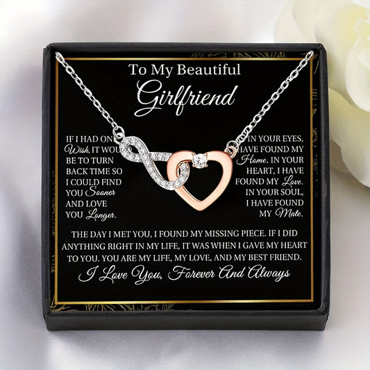 1pc to My Girlfriend Love Heart Necklace Dual-Color Electroplated Copper Synthetic Zirconia Pendant with Text Gift Card and Box Packaging