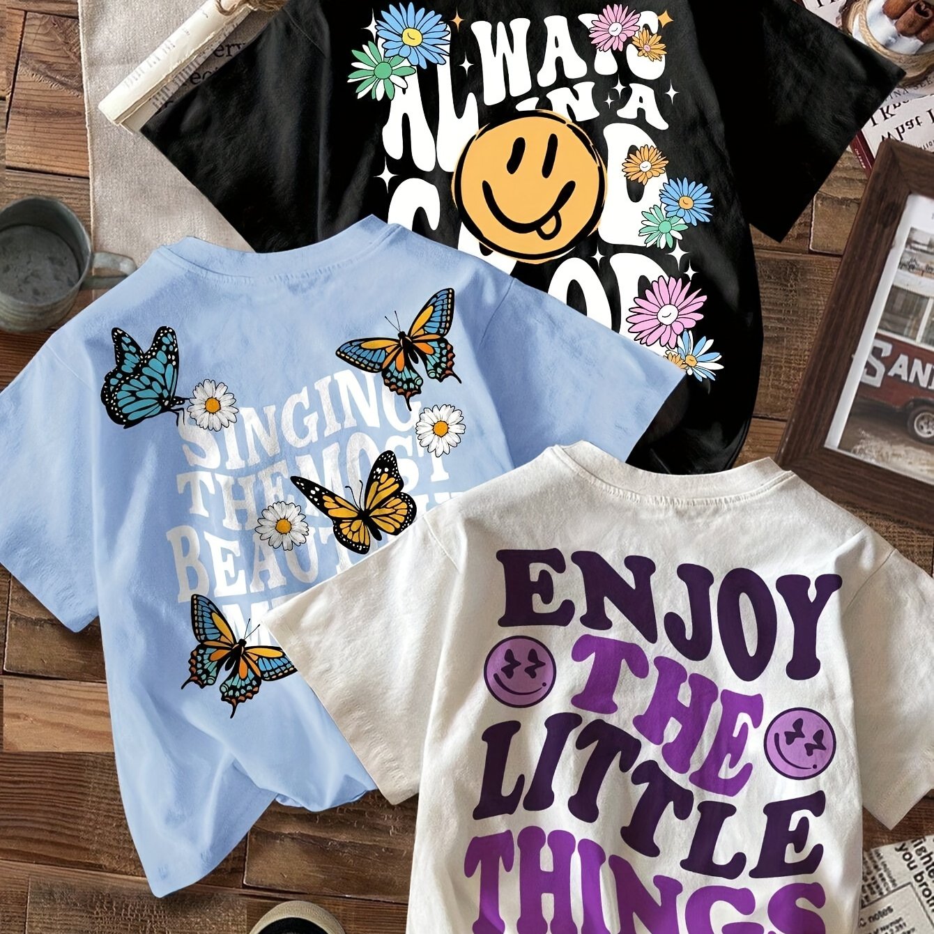 3-Pack Vibrant Butterfly & Floral Graphic Tees - Soft, Stretchy, Round Neck Short Sleeve Polyester-Blend Tops with Smiling Face , Regular Fit