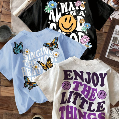 3-Pack Vibrant Butterfly & Floral Graphic Tees - Soft, Stretchy, Round Neck Short Sleeve Polyester-Blend Tops with Smiling Face , Regular Fit