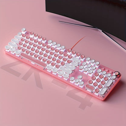 Pink Mechanical Keyboard with Blue Switches - Retro Keycaps, Backlit, USB-Powered for Gaming, Durable Design, No Battery Needed, Gaming Keyboard