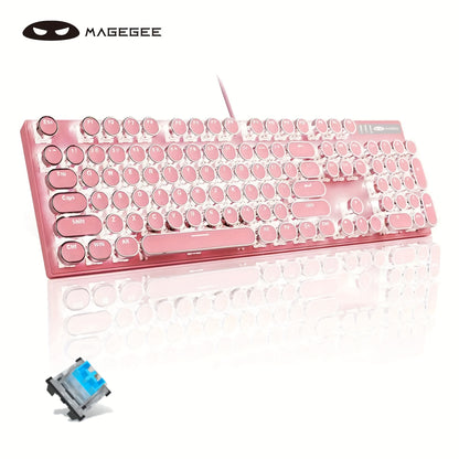 Mechanical Gaming Keyboard with Blue Switches - Round LED Backlit Keycaps, Wired USB Connectivity for Enhanced Gaming