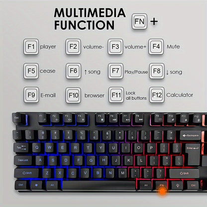 Rainbow Backlit Wired Gaming Keyboard and Mouse Set, 19-Key Rollover, Adjustable Brightness, 2 Lighting Modes, Ergonomic Design, Hotkeys, Media Keys, USB Powered, No Battery