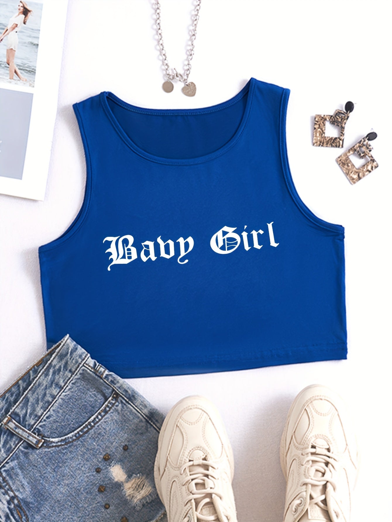 Letter Print Crop Tank Top, Y2K Sleeveless Tank Top For, Women's Clothing
