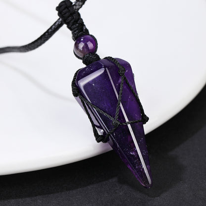 Stylish Men's Natural Amethyst Crystal Hexagonal Cone Pendant Necklace with Braided Rope