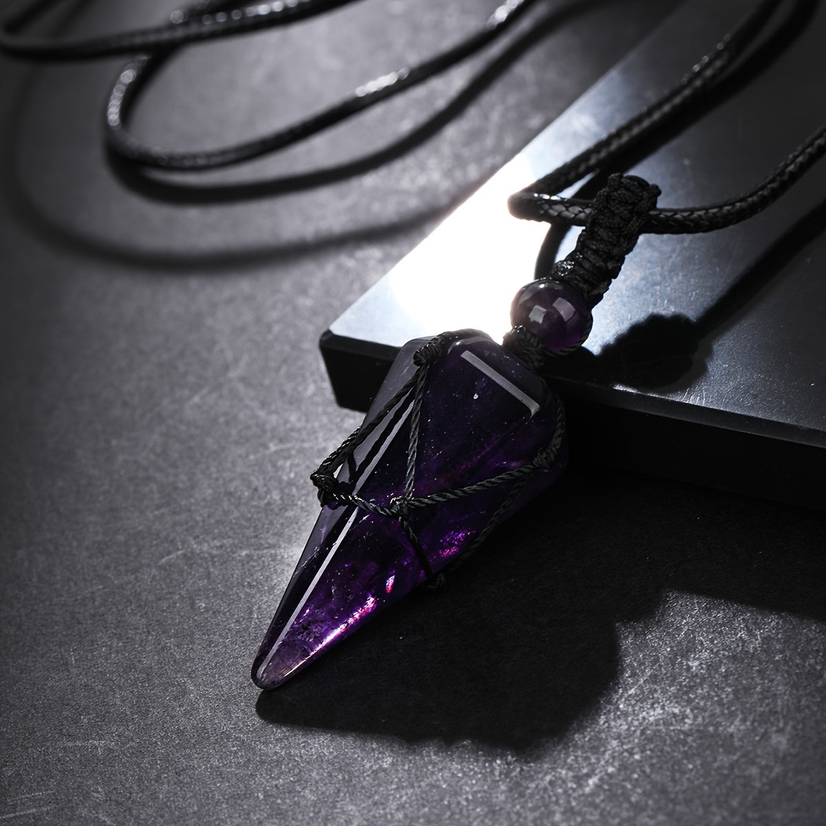 Stylish Men's Natural Amethyst Crystal Hexagonal Cone Pendant Necklace with Braided Rope