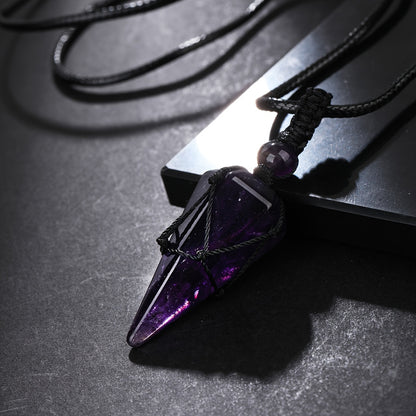 Stylish Men's Natural Amethyst Crystal Hexagonal Cone Pendant Necklace with Braided Rope